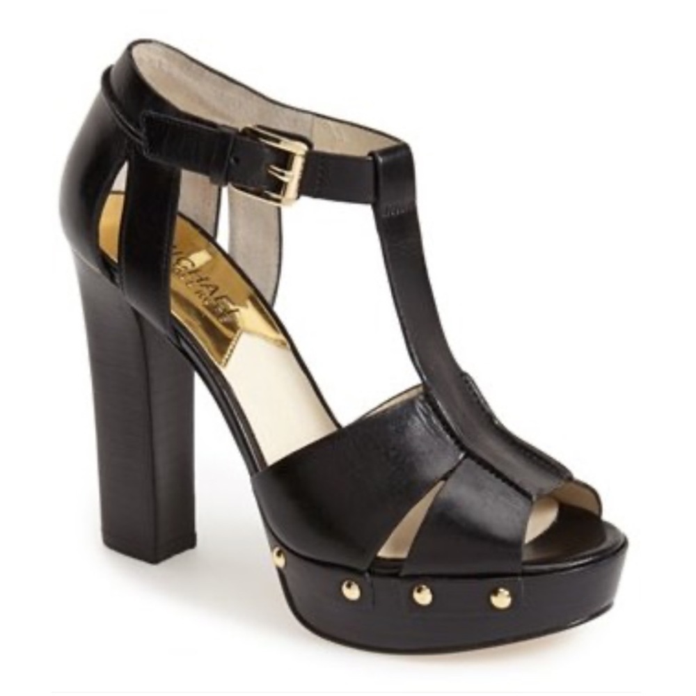 Michael Michael Kors Black Leather Beatrice T Strap Platform Sandals